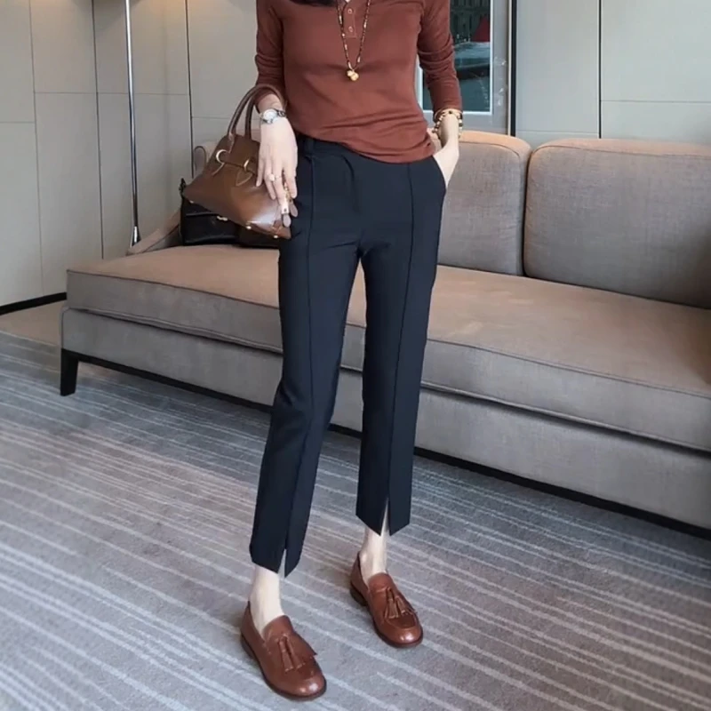 秋季新款高品质分割线九分小西裤大码百搭黑色高腰显瘦开叉烟管裤