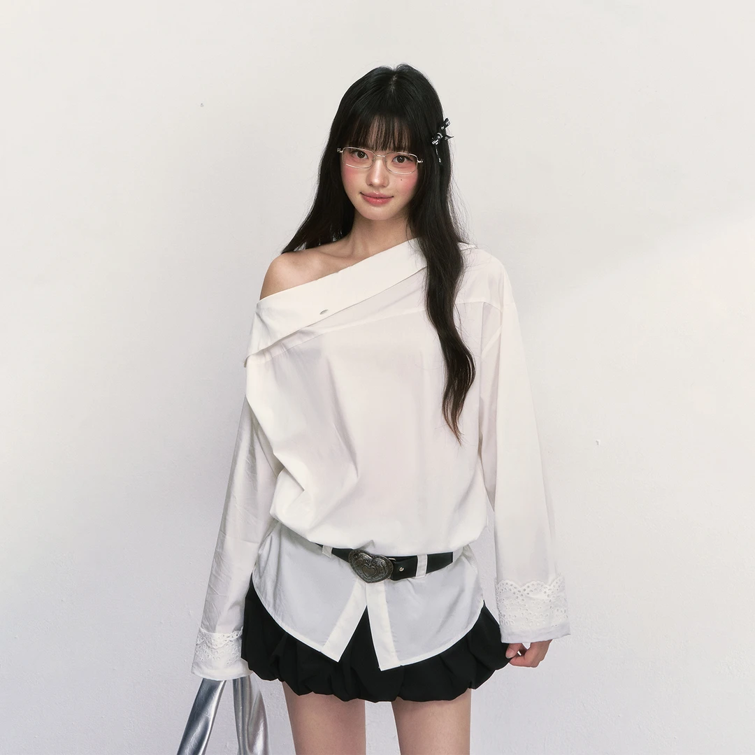 【周一芳联名同款】weekendhub斜肩白色长袖衬衫上衣女25105A002D