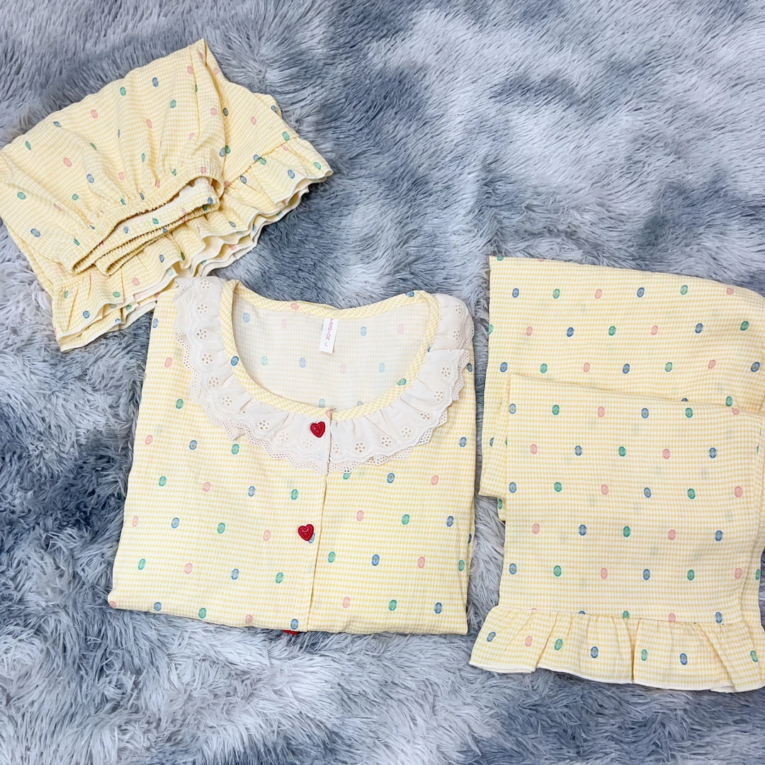 【R639】圆领黄格点点短袖短裤+长裤三件套+胸垫