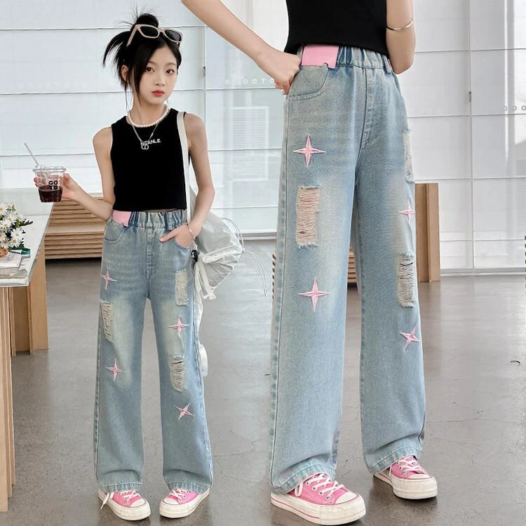 FAVMARTHA女童牛仔裤夏季薄款2025新款儿童破洞阔腿裤女孩大童夏
