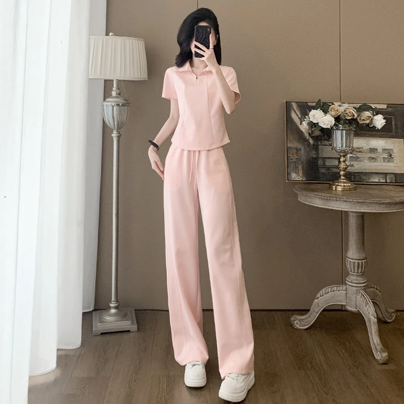 网红时尚休闲运动套装女夏季新款条纹翻领短款卫衣阔腿裤两件套潮