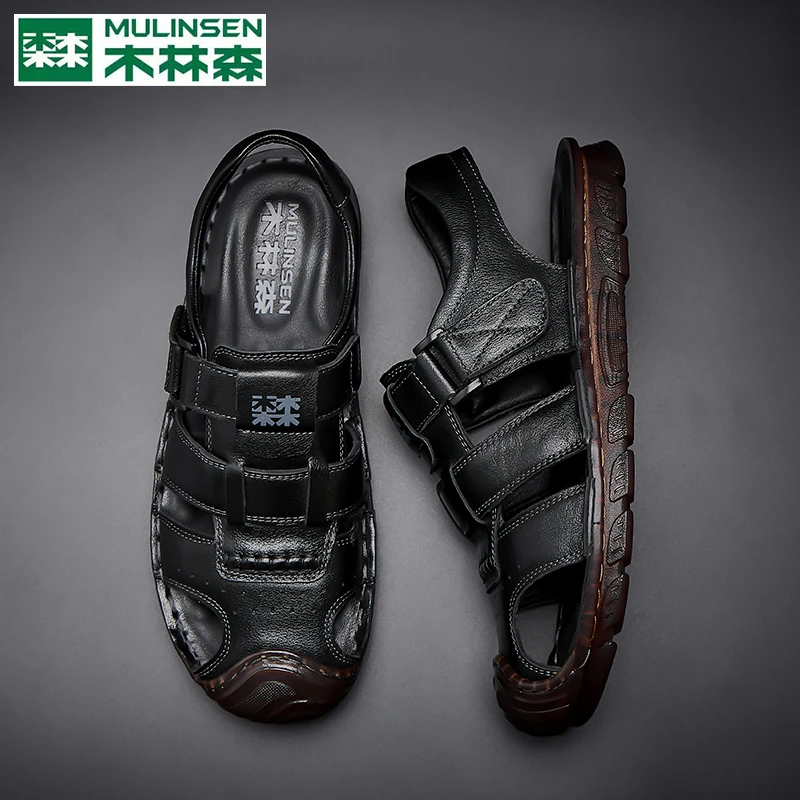 木林森男士真皮包头凉鞋夏季透气防滑沙滩鞋办公室洞洞鞋爸爸鞋男
