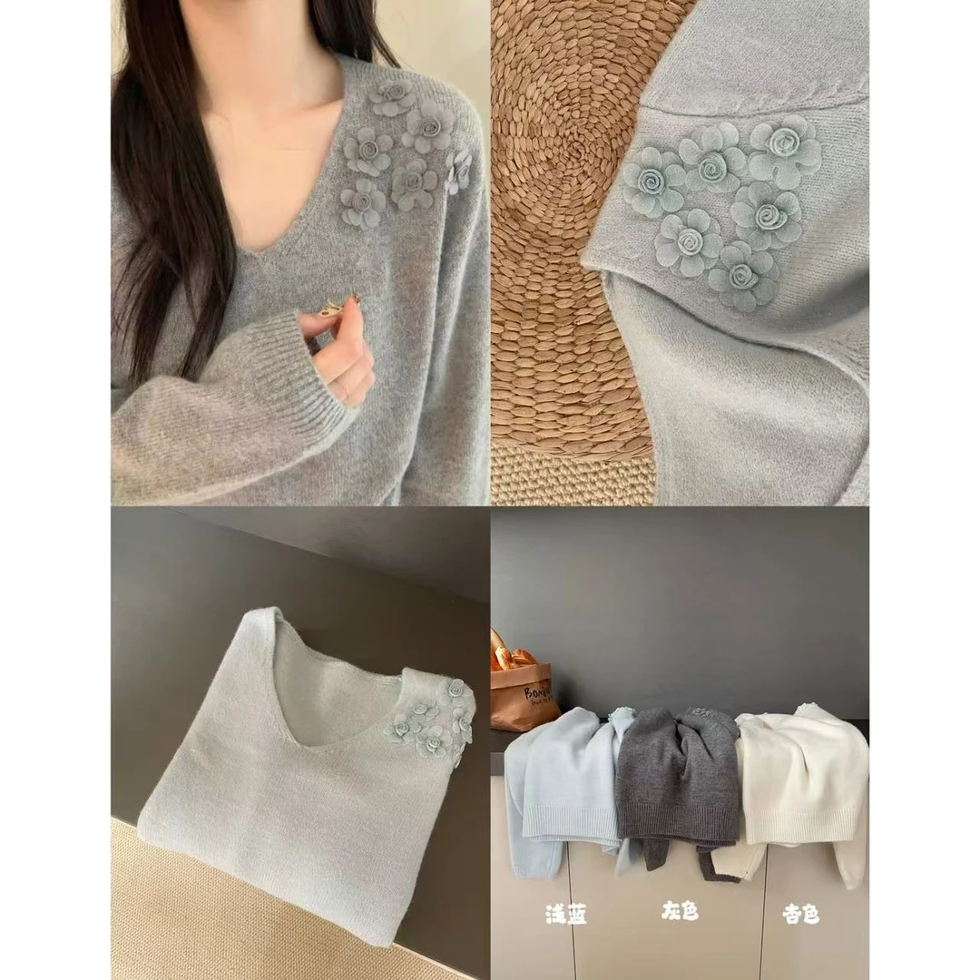 【NO退NO换】韩系重工立体花花V领毛衣26388