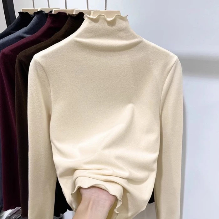 2025纯色德绒春季花边打底衫女