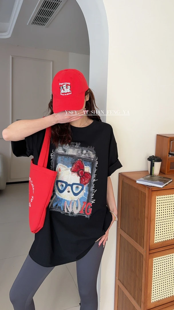 7335蝴蝶结猫咪时尚休闲百搭短袖T恤