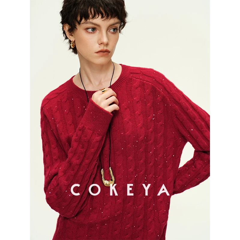 COKEYA/闪闪星空衫~BC奢康赛妮亮丝珠片山羊绒绞花针织衫套头毛衣