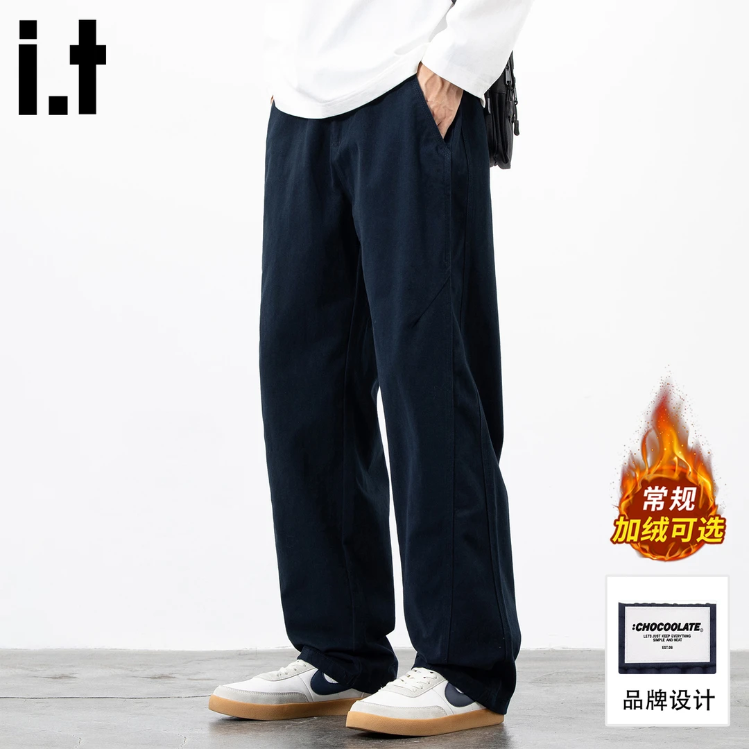 it:CHOCOOLATE藏青色休闲裤男冬季直筒宽松潮流加绒百搭纯棉裤子