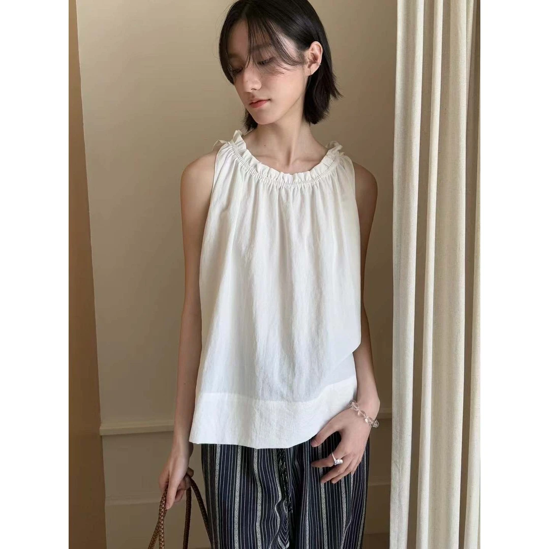 L-23323#韩系简约温柔甜美百搭纯色木耳花边无袖上衣（福利）