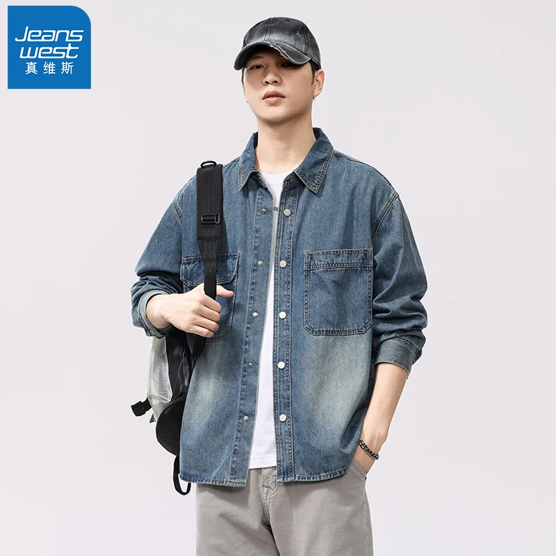 Jeanswest/真维斯莱赛尔休闲复古牛仔衬衫男春季宽松百搭衬衣外套