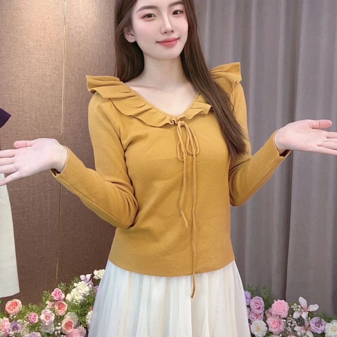 SY 秋冬新款大花边蝴蝶结领针织毛衣长袖荷叶领舒适打底衫女