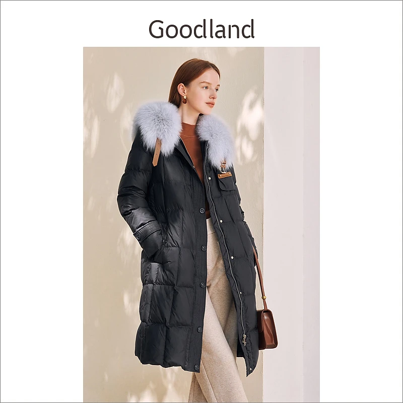 Goodland美地女装冬季中长款狐狸毛领保暖羽绒服