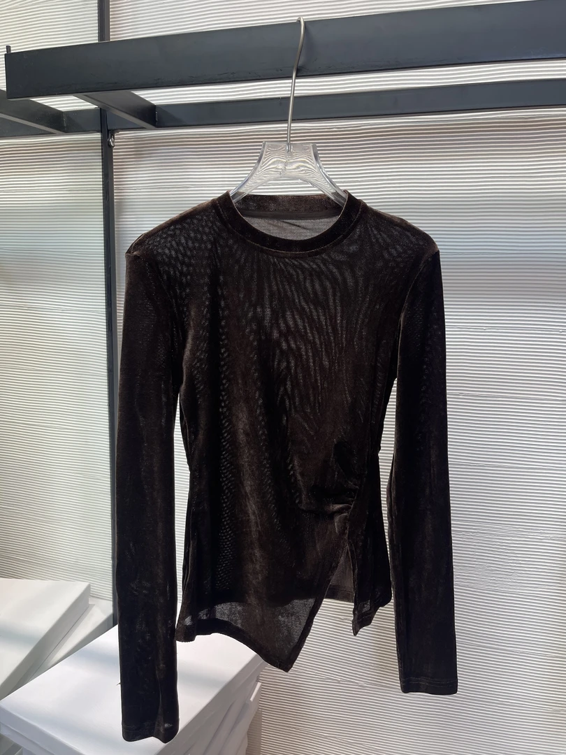 133#金丝绒长袖上衣女不规则T恤