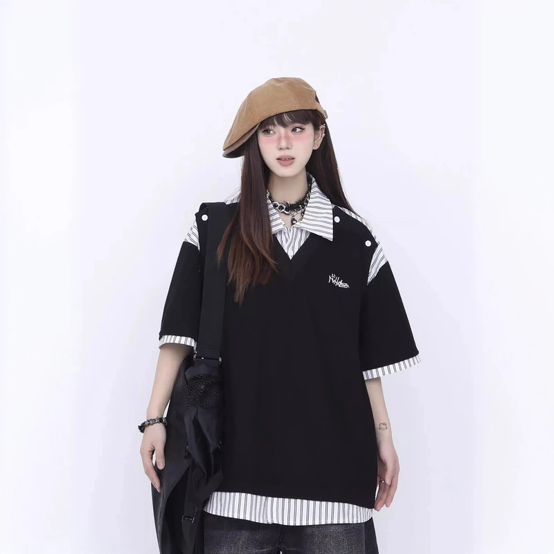 美式复古假两件条纹POLO领300克重磅短袖T恤男女春夏宽松情侣上衣