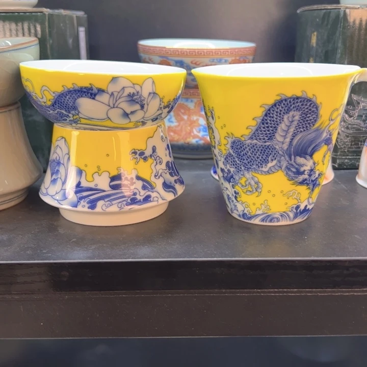 瓷片白青花穿花龙茶漏加公道杯全品