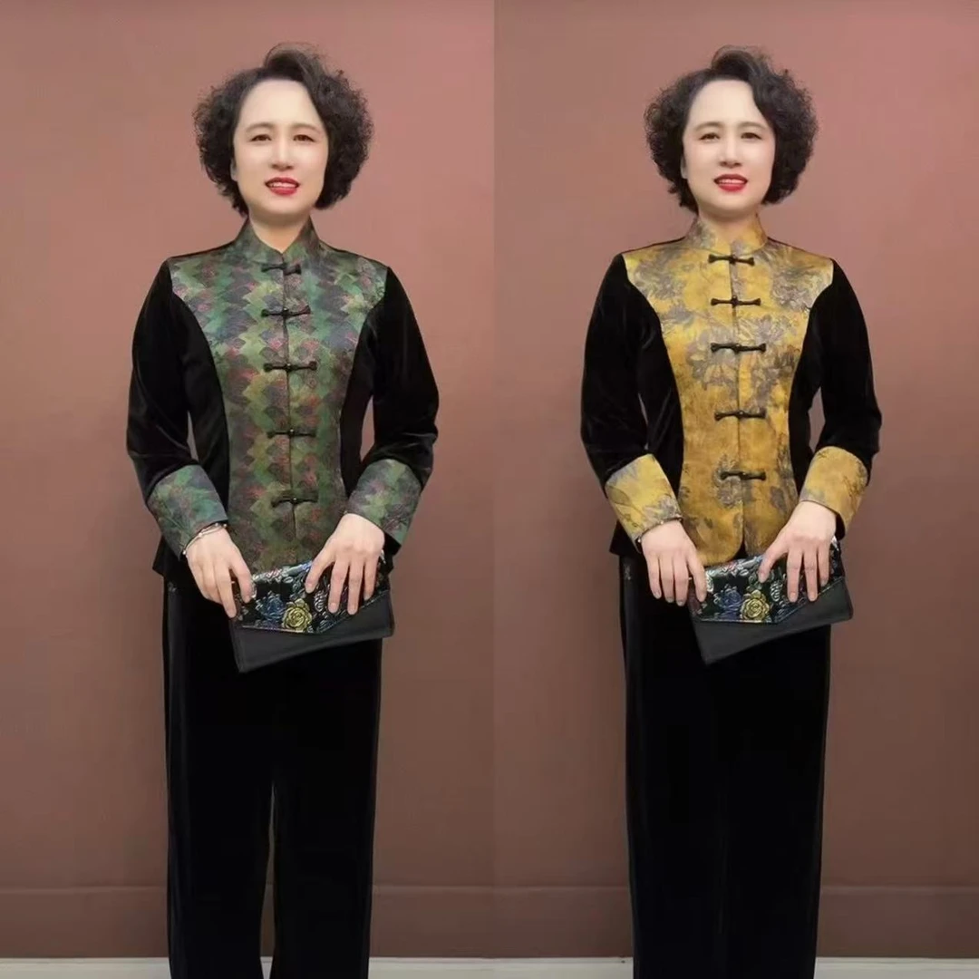 103妈妈秋季国风新中式新款中老年女装秋冬复古立领开衫上衣