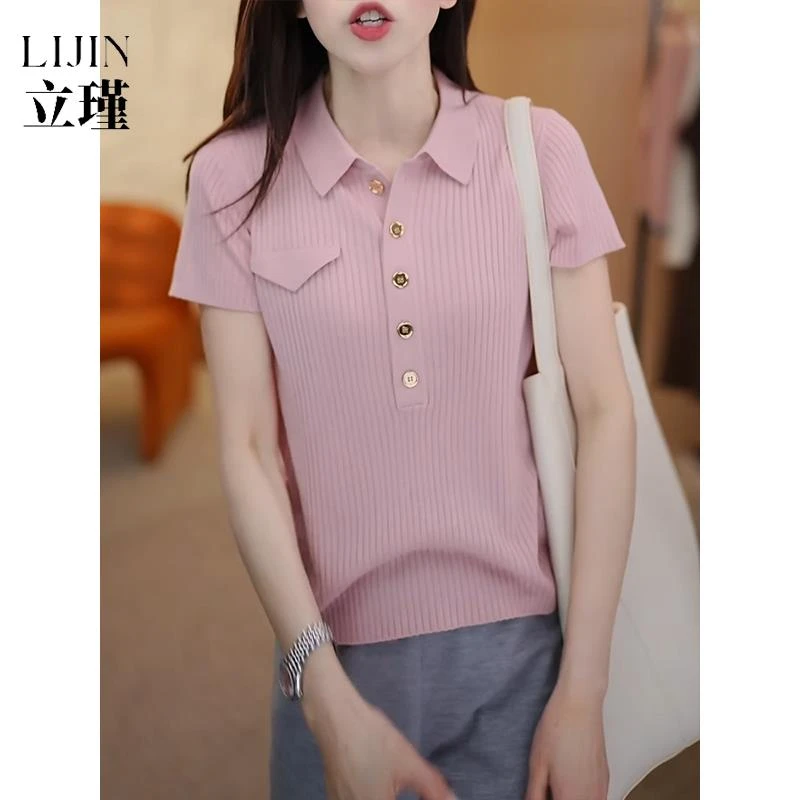 Polo领粉色针织衫女2025年夏季新款薄款短袖t恤洋气上衣