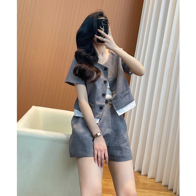 短裤套装女夏2025新款短袖高腰阔腿裤两件套松弛感ootd穿搭一整套