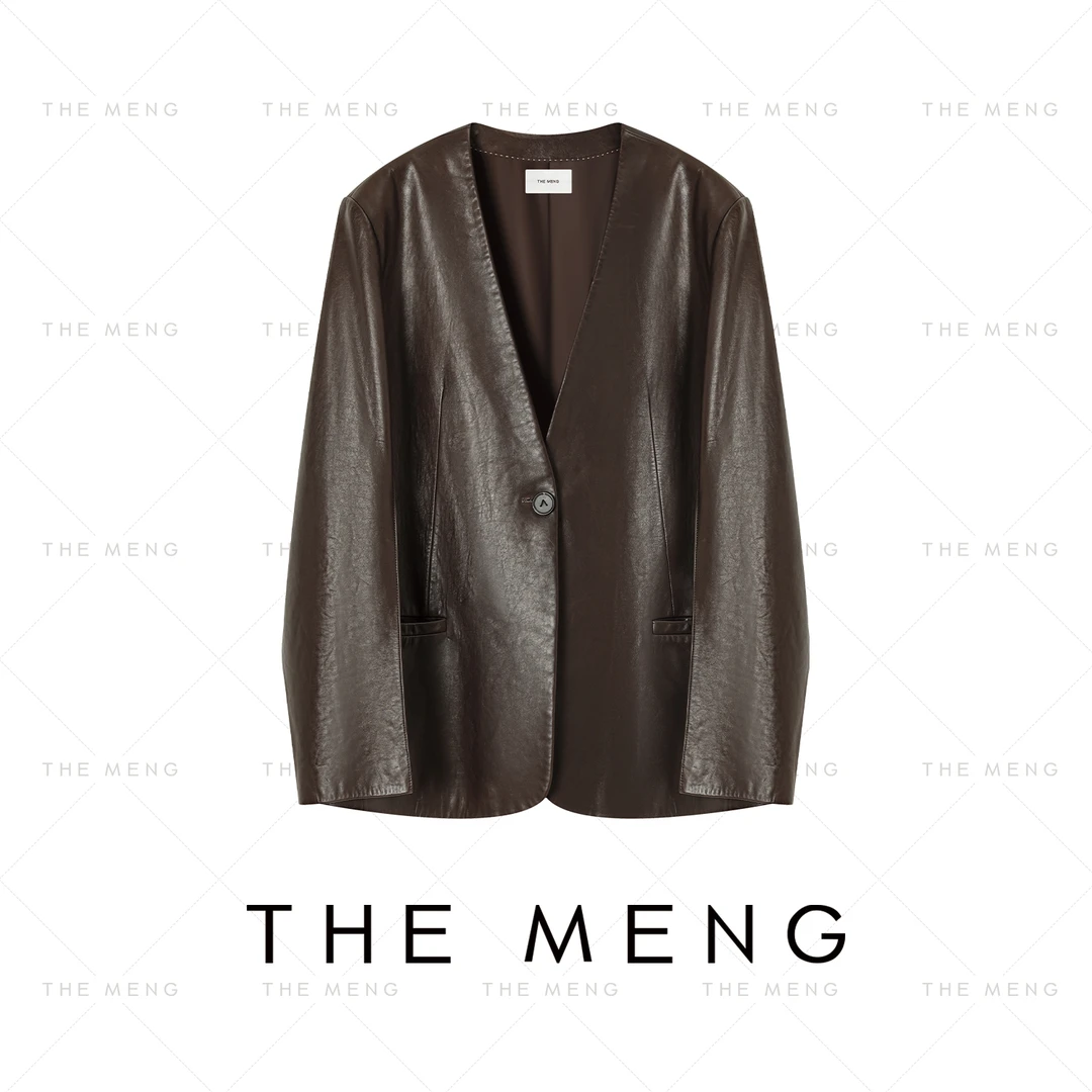 THE MENG【巴黎香榭】绵羊皮廓版复古轻奢无领油蜡皮衣#WZ9612