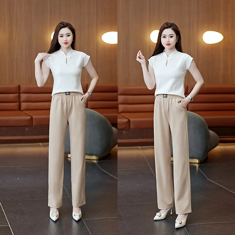 夏季新款时尚中年妈妈装休闲百搭显瘦修身垂感宽松直筒休闲长裤