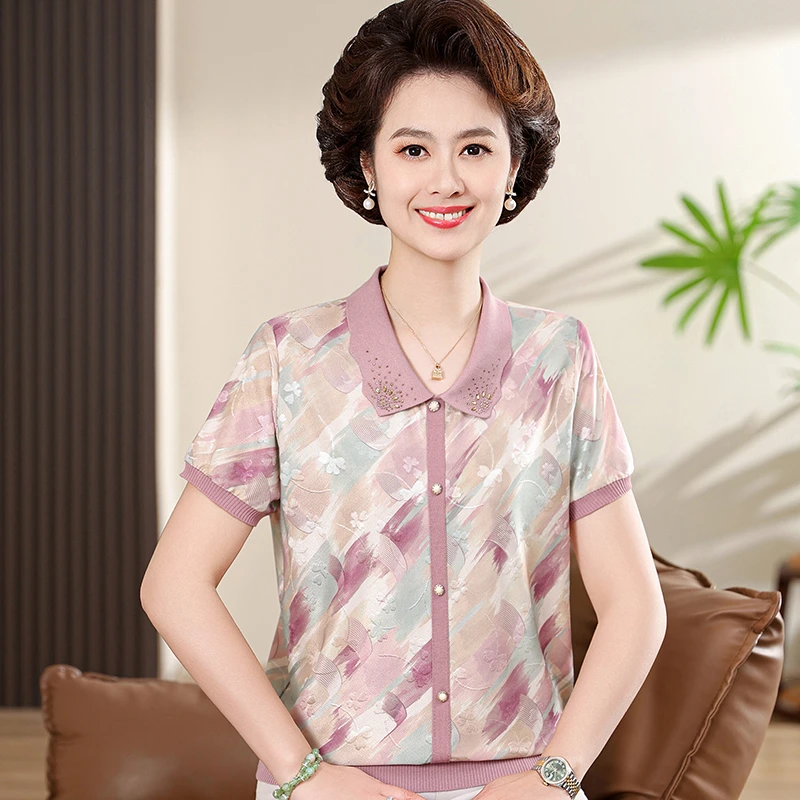 妈妈夏季薄款短袖碎花T恤中老年女气质假开衫上衣服百搭减龄小衫