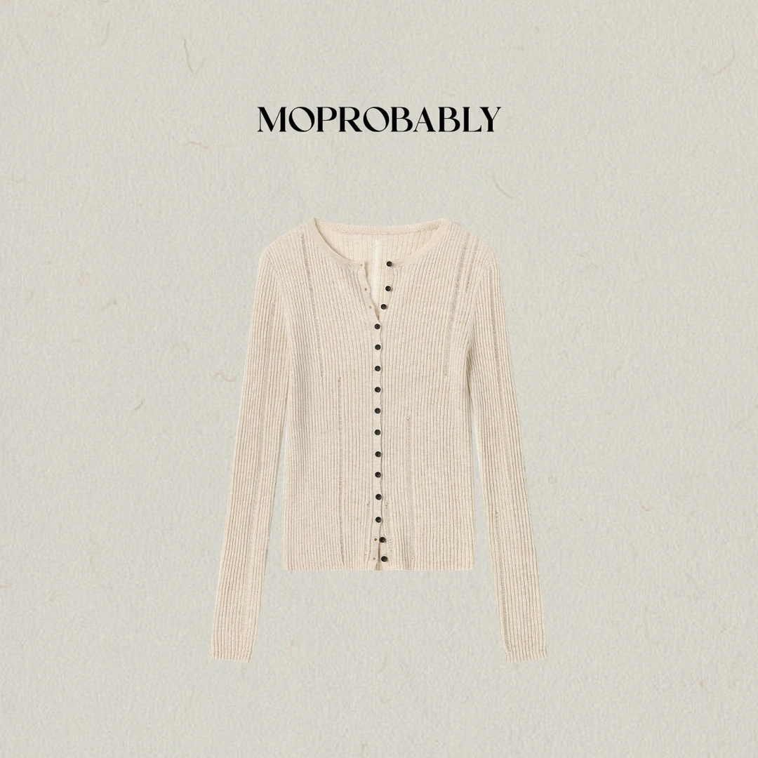 Moprobably李予诺「痕迹」时尚空针工艺单排扣毛织开衫L5377032