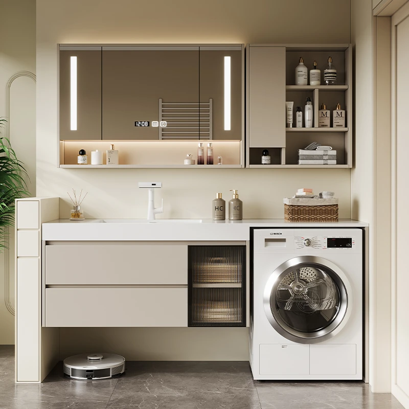 岩板无缝陶瓷盆洗衣机一体柜组合简约百搭浴室柜卫生间洗漱台柜