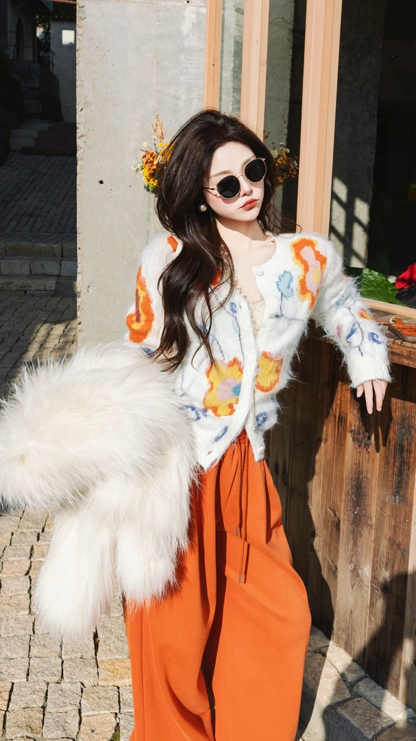 SISTER姐妹家慵懒风软糯宽松显瘦花卉撞色刺绣嵌花针织开衫毛衣女