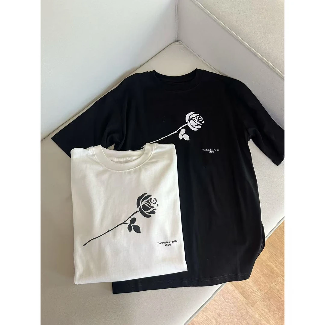 CANTIILAR “一支玫瑰” 夏季宽松版玫瑰花t FL1417