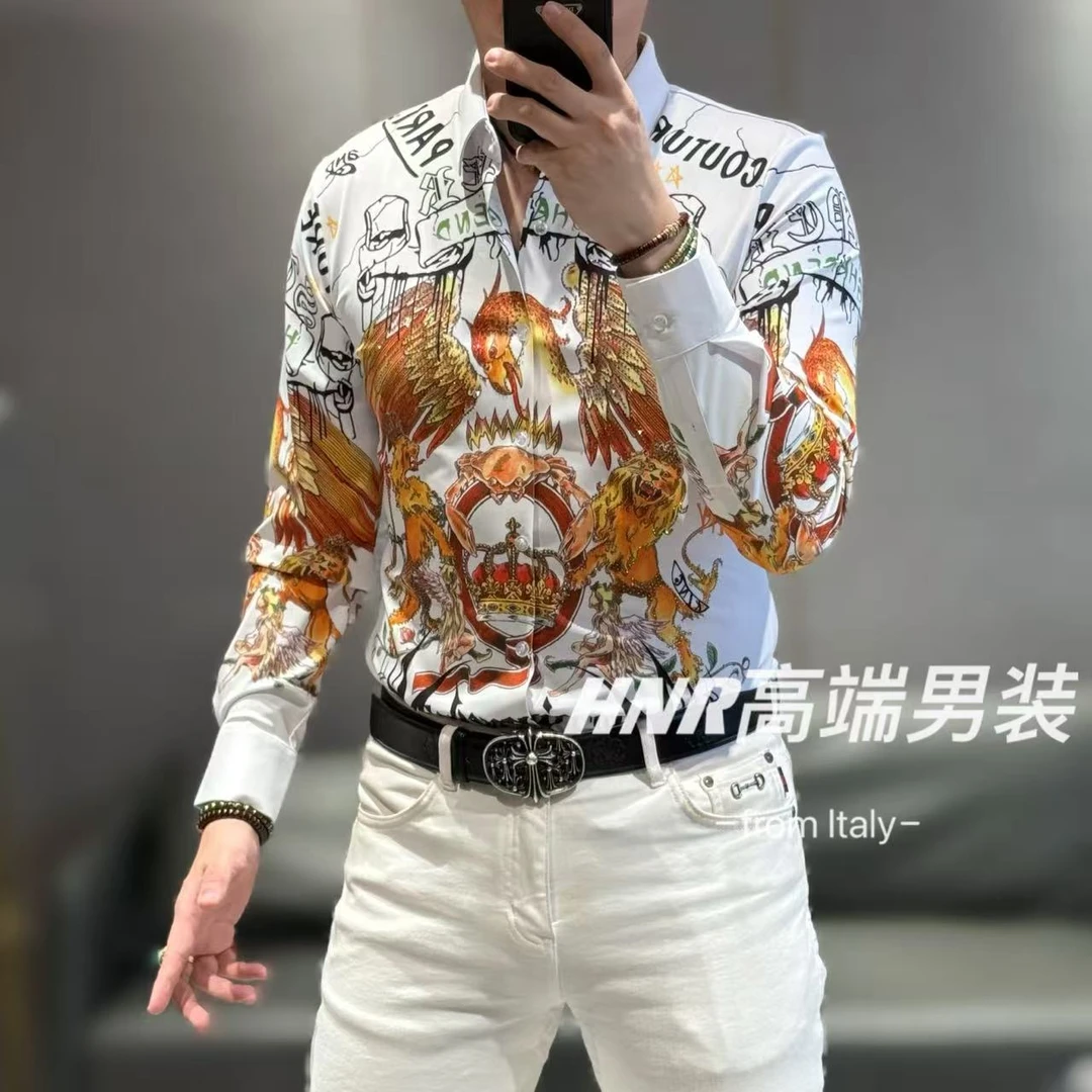 火鸟烤螃蟹皇冠狮子图案高端男士弹力莱卡面料长袖衬衫2537