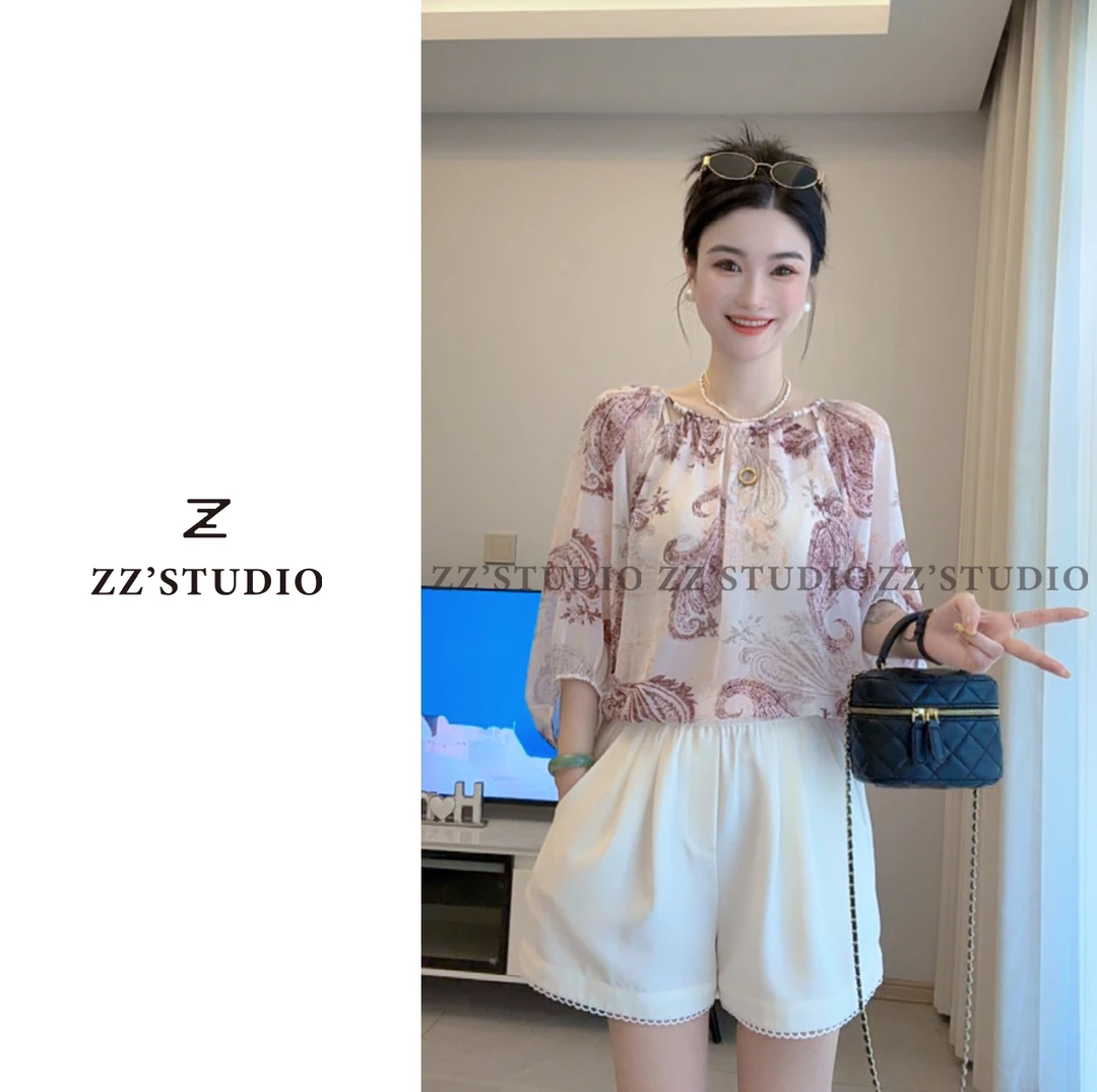 郑郑定制#夏季新款温柔减龄锁骨钉珠系带宽松显瘦时尚百搭上衣713