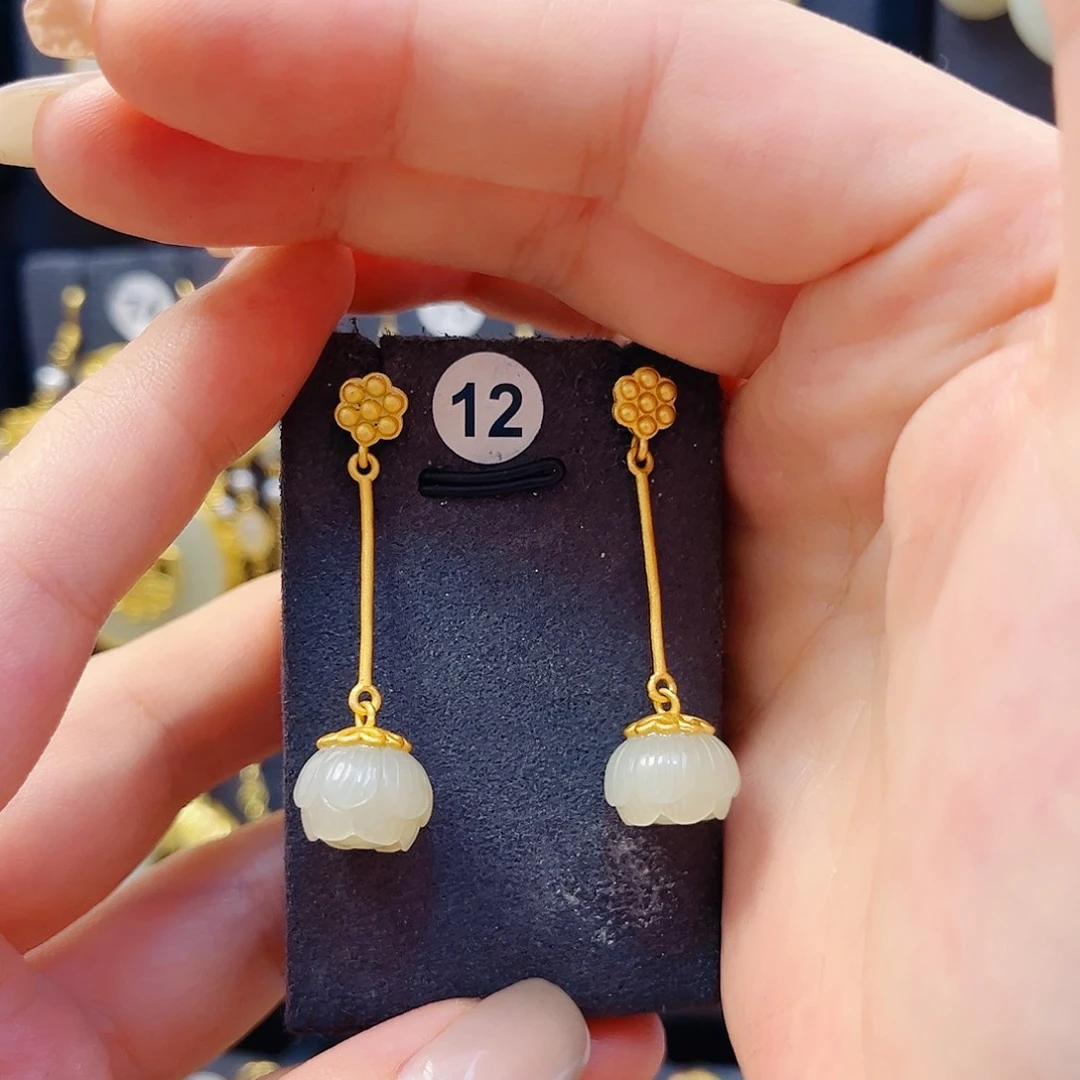 和田玉银S925镀金镶嵌耳饰