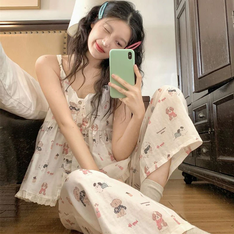 网红风卡通吊带长裤睡衣女款夏季甜美学生韩版可爱夏天薄款家居服