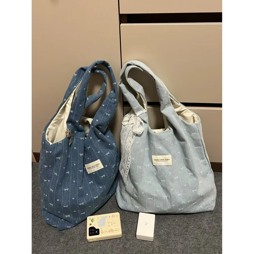 背心包女春夏新款牛仔帆布包学生懒惰风通勤大容量托特包单肩包MP