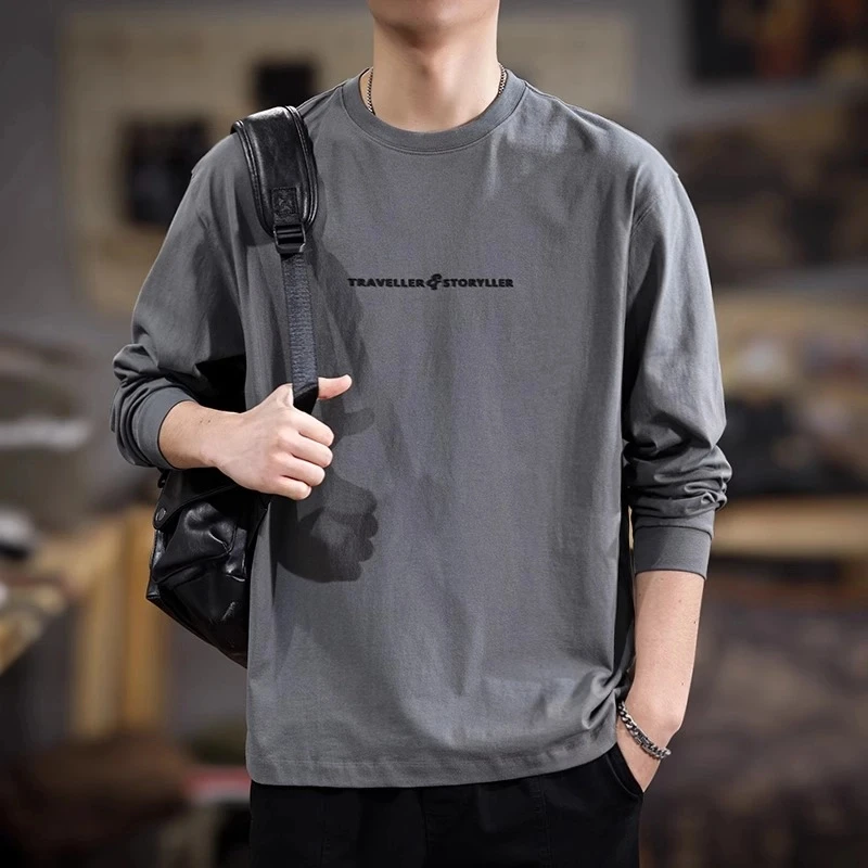 Cebrodz 2025新款春季高端深灰色长袖t恤男宽松纯棉圆领大码百搭