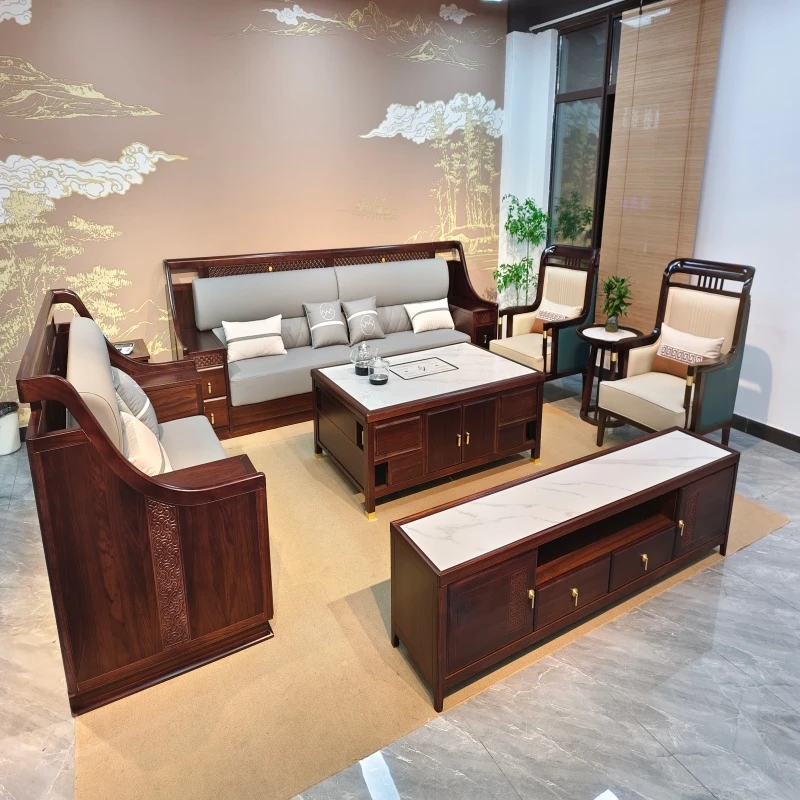 中国风新中式全落地怀抱水性漆实木乌金沙发储物茶几轻奢客厅简约