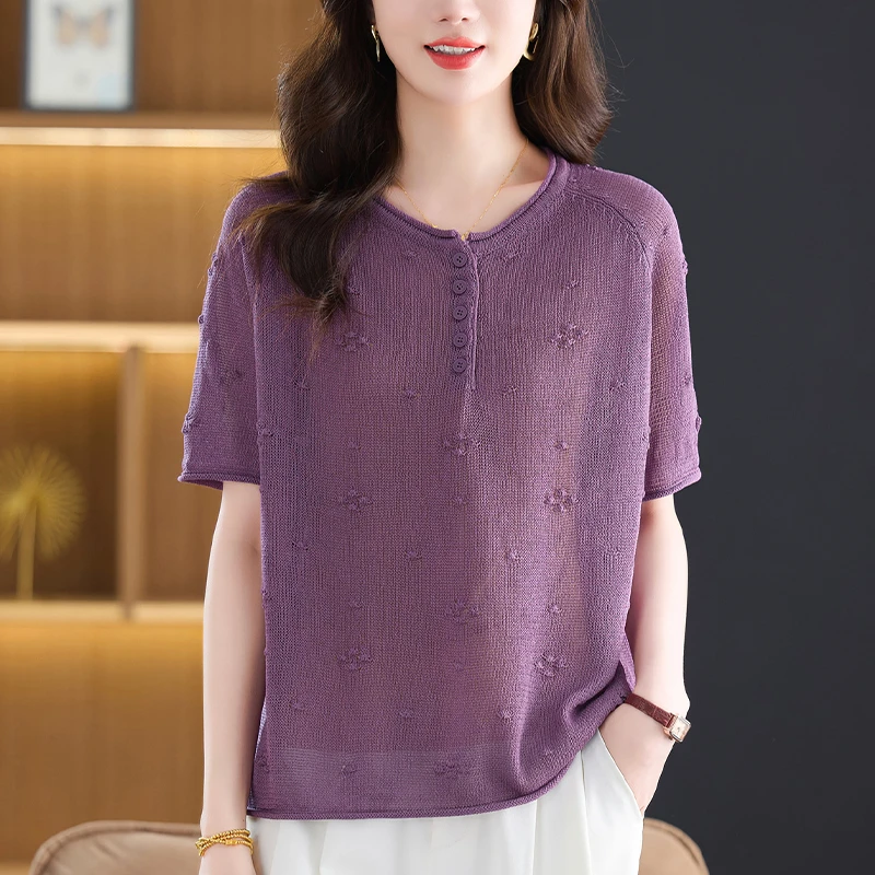 大码女装夏季薄款短袖T恤女宽松遮肚子显瘦洋气百搭圆领针织上衣