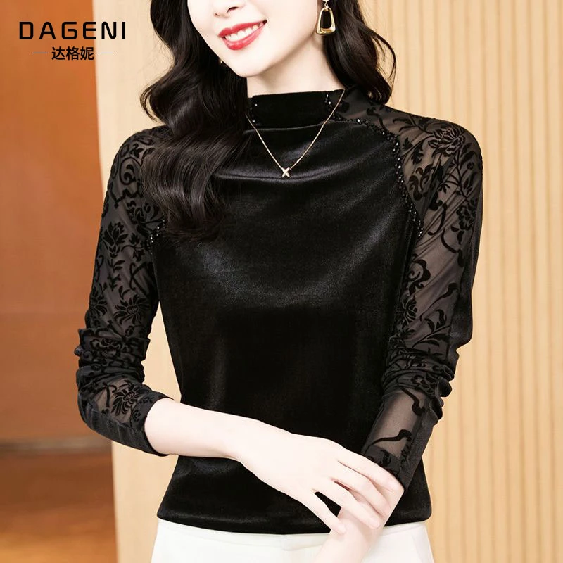 黑色网纱拼接长袖T恤女内搭2026春秋新款半高领上衣遮肉显瘦小衫