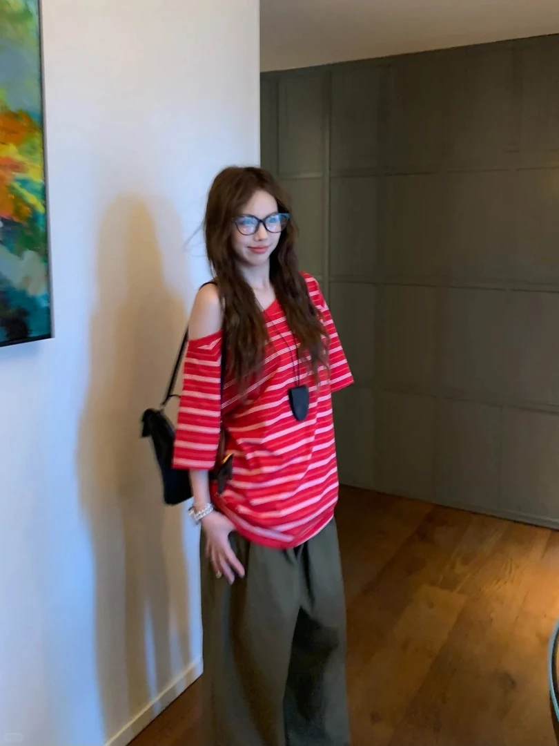 KEKE 红色条纹短袖学生可爱风T恤女夏季2025新款休闲韩版宽松上衣