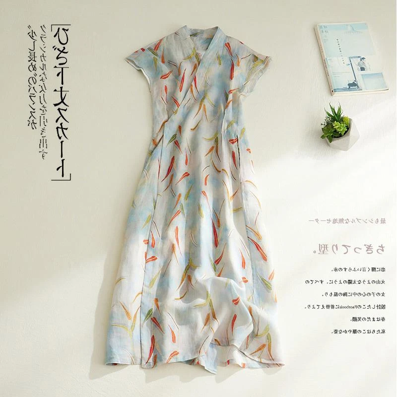 外贸法国单高端品牌剪标女改良旗袍苎麻长裙印花短袖棉亚麻连衣裙