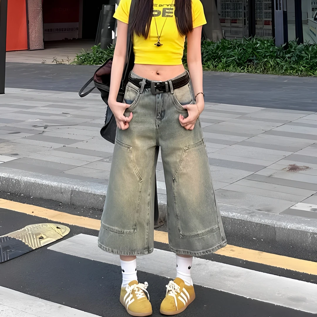 高街美式复古宽松七分短裤2025新款设计感夏季高腰潮拍牛仔裤百搭