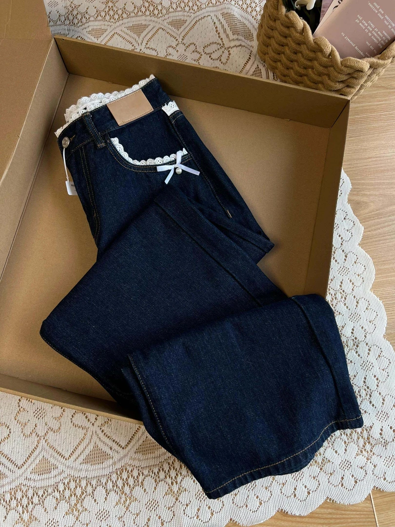 美式高街蕾丝拼接阔腿牛仔裤女夏季设计感宽松显瘦垂感直筒拖地裤