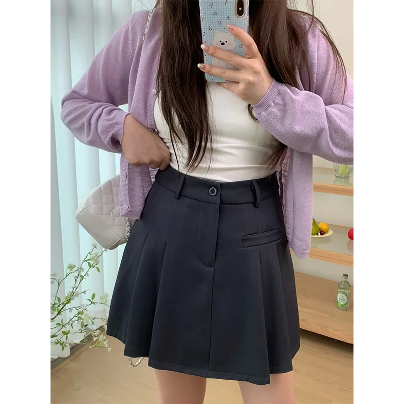 深灰色百褶西装短裙女夏季新款梨型身材遮肚显瘦高腰a字半身裙子