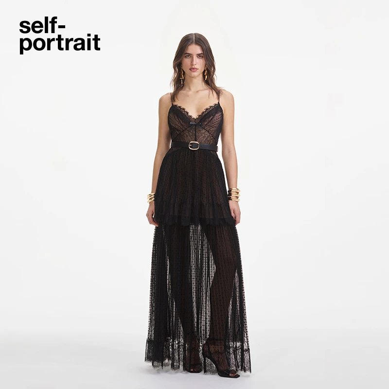【宁宁同款】self-portrait 经典黑高级感波点吊带蕾丝连衣裙