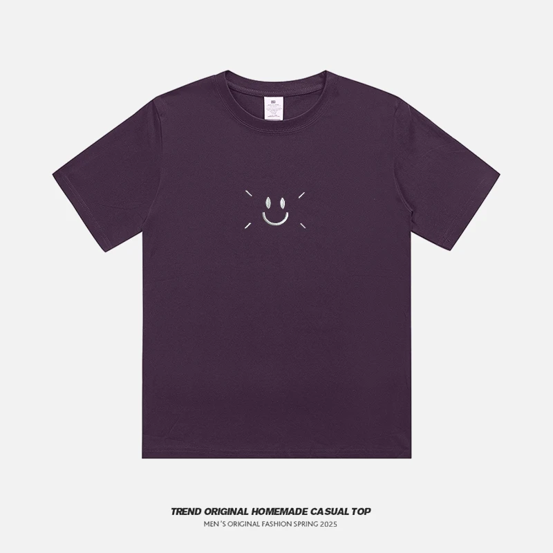 笑脸儿短袖T恤男女夏季港风韩版小众设计感纯棉宽松百搭紫色上衣