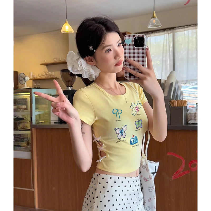 韩系修身正肩短袖t恤女装春夏新款设计感小众镂空蝴蝶结短款上衣