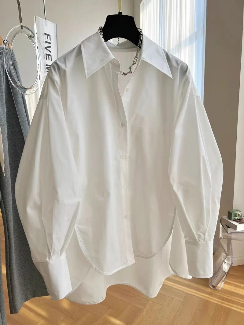 韩版春秋季宽松长袖白衬衫女式时尚休闲百搭设计感小众纯色上衣潮