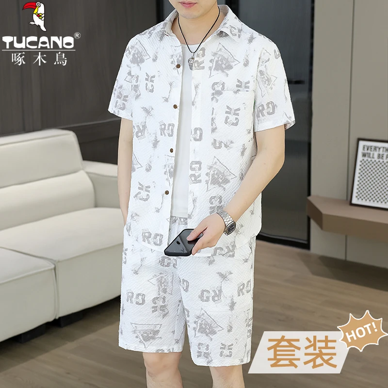 TUCANO/啄木鳥夏季提花泡泡纱凉感翻领衬衫短袖短裤套装薄款透气T