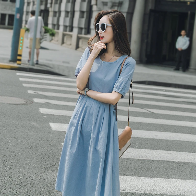 夏季薄款牛仔连衣长裙短袖连衣裙蓝色小清新夏季气质显瘦长裙时尚