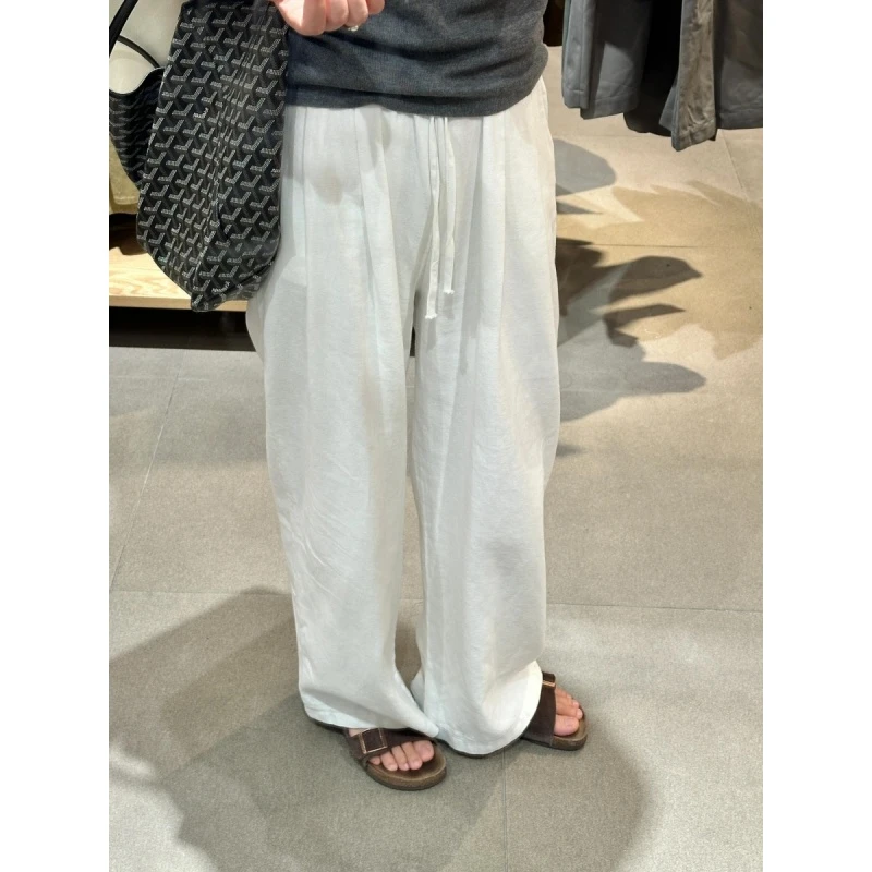 夏季新款白色棉麻阔腿裤女装女薄款松紧腰百搭休闲宽松直筒长裤