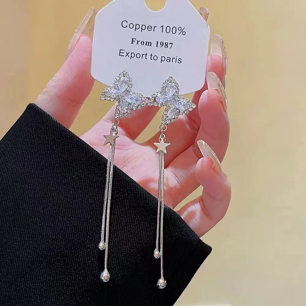 铜合金锆石耳饰 新款蝴蝶流苏耳环~小众设计感时尚精致冷淡风耳饰